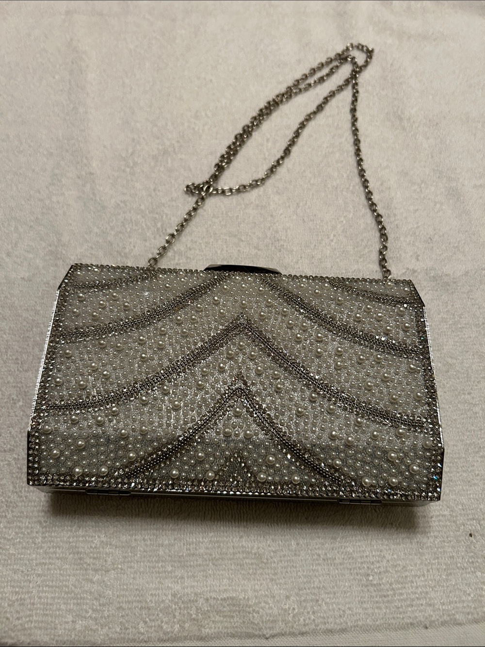 Kelly & Katie Silver Pearl and Rhinestone Evening Clutch with Chain